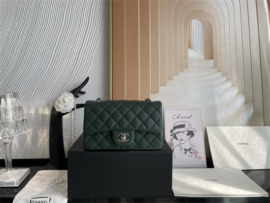 Cha.nel Mini Classic Flap Bag Grained Calfskin Silver Tone Metal Dk Green 01116