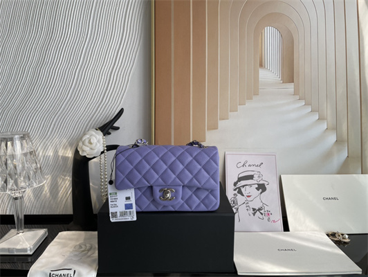 Cha.nel Mini Classic Flap Bag Grained Calfskin Silver Tone Metal Purple 01116