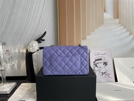 Cha.nel Mini Classic Flap Bag Grained Calfskin Silver Tone Metal Purple 01116