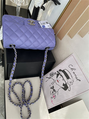 Cha.nel Mini Classic Flap Bag Grained Calfskin Silver Tone Metal Purple 01116