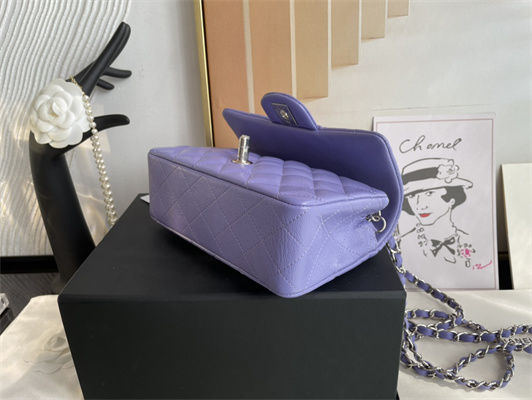 Cha.nel Mini Classic Flap Bag Grained Calfskin Silver Tone Metal Purple 01116