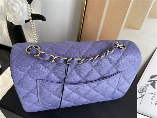 Cha.nel Mini Classic Flap Bag Grained Calfskin Silver Tone Metal Purple 01116