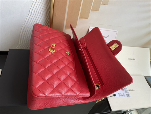 Cha.nel Medium Classic Flap Bag Grained Calfskin Gold Tone Metal Red 01112