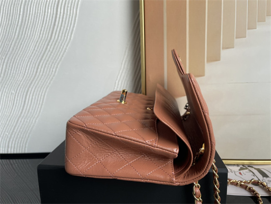 Cha.nel Medium Classic Flap Bag Grained Calfskin Gold Tone Metal Caramel 01112