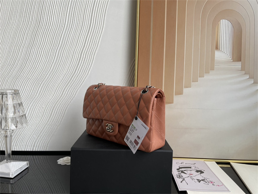 Cha.nel Medium Classic Flap Bag Grained Calfskin Silver Tone Metal Caramel 01112