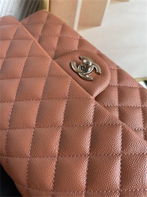 Cha.nel Medium Classic Flap Bag Grained Calfskin Silver Tone Metal Caramel 01112