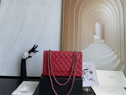 Cha.nel Medium Classic Flap Bag Grained Calfskin Silver Tone Metal Red 01112