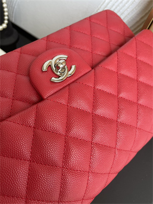 Cha.nel Medium Classic Flap Bag Grained Calfskin Silver Tone Metal Red 01112