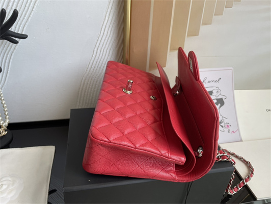 Cha.nel Medium Classic Flap Bag Grained Calfskin Silver Tone Metal Red 01112