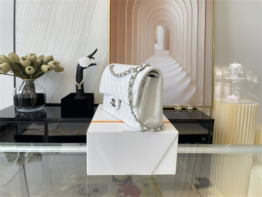 Cha.nel Medium Classic Flap Bag Lambskin Silver Tone Metal White 01112