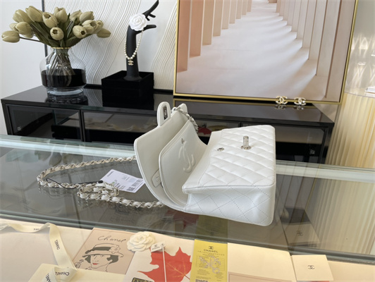 Cha.nel Medium Classic Flap Bag Lambskin Silver Tone Metal White 01112