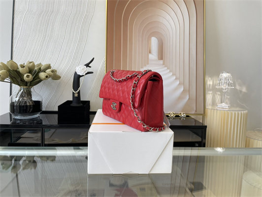 Cha.nel Medium Classic Flap Bag Lambskin Silver Tone Metal Red 01112