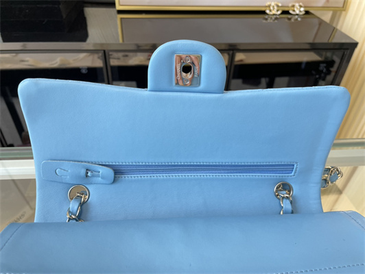 Cha.nel Medium Classic Flap Bag Lambskin Silver Tone Metal Blue 01112