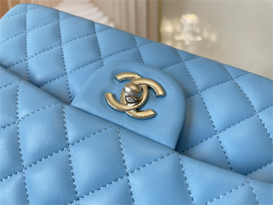 Cha.nel Medium Classic Flap Bag Lambskin Silver Tone Metal Blue 01112