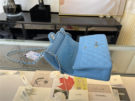 Cha.nel Medium Classic Flap Bag Lambskin Silver Tone Metal Blue 01112