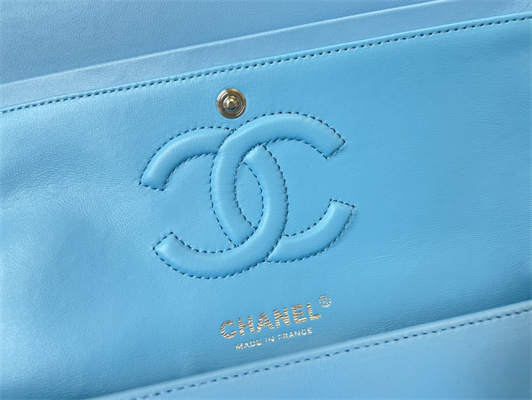 Cha.nel Medium Classic Flap Bag Lambskin Silver Tone Metal Blue 01112