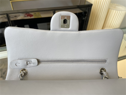 Cha.nel Medium Classic Flap Bag Lambskin Silver Tone Metal Lt Blue 01112