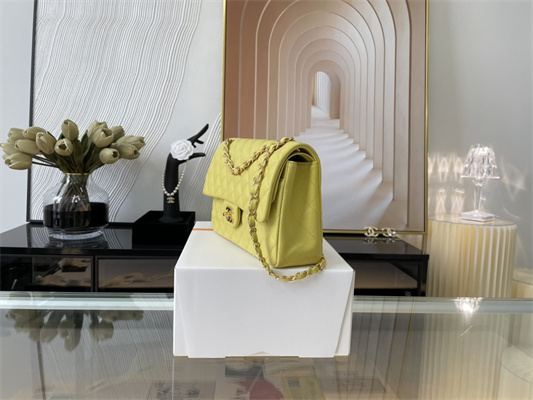 Cha.nel Medium Classic Flap Bag Lambskin Gold Tone Metal Yellow 01112