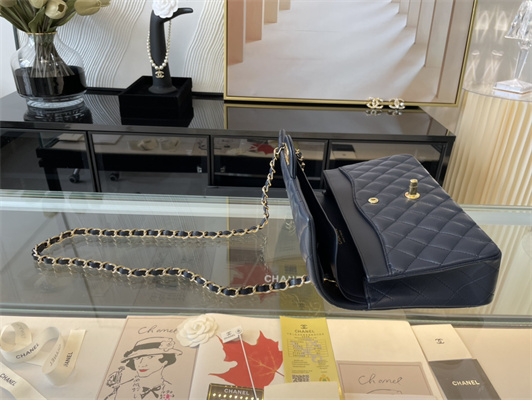 Cha.nel Medium Classic Flap Bag Lambskin Gold Tone Metal Navy 01112
