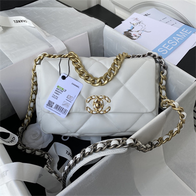 Cha.nel 19 Handbag Lambskin Gold Double C Metal White AS1160
