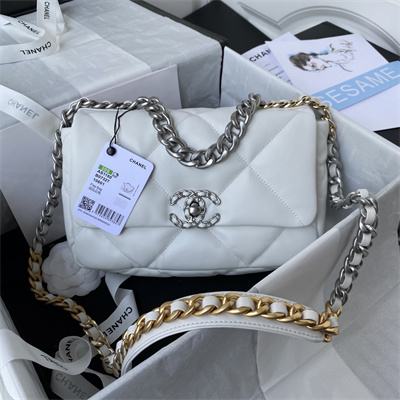 Cha.nel 19 Handbag Lambskin Silver Double C Metal White AS1160