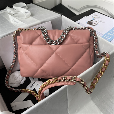 Cha.nel 19 Handbag Lambskin Silver Double C Metal Pink AS1160