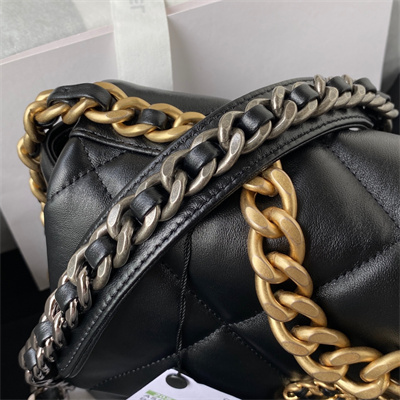 Cha.nel 19 Handbag Lambskin Gold Double C Metal Black AS1160