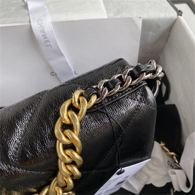 Cha.nel 19 Handbag Shiny Aged Calfskin Gold Double C Metal Black AS1160