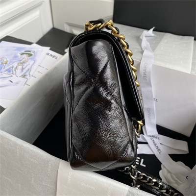 Cha.nel 19 Handbag Shiny Aged Calfskin Gold Double C Metal Black AS1160