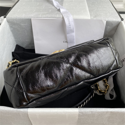 Cha.nel 19 Handbag Shiny Aged Calfskin Gold Double C Metal Black AS1160