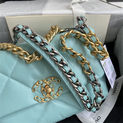 Cha.nel 19 Handbag Lambskin Gold Double C Metal Blue AS1160