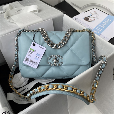 Cha.nel 19 Handbag Lambskin Silver Double C Metal Blue AS1160