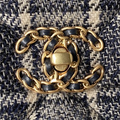 Ch*el 19 handbag wool tweed gold double c metal navy/beige as1160