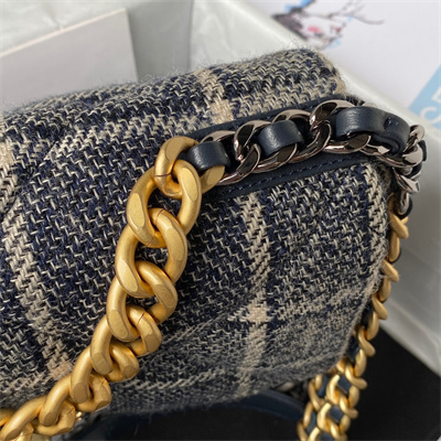 Ch*el 19 handbag wool tweed gold double c metal navy/beige as1160