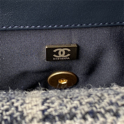 Ch*el 19 handbag wool tweed gold double c metal navy/beige as1160