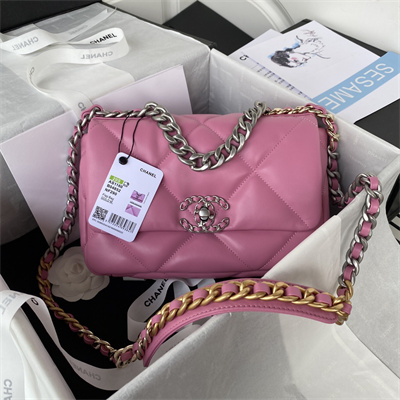 Cha.nel 19 Handbag Lambskin Silver Double C Metal Fuchsia Pink AS1160