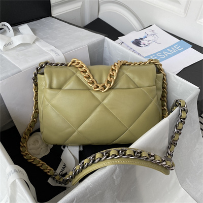 Cha.nel 19 Handbag Lambskin Gold Double C Metal Mustard Green AS1160