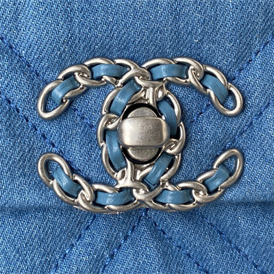 Ch*el 19 handbag denim silver double c metal as1160