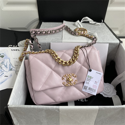 Cha.nel 19 Handbag Lambskin Gold Double C Metal Lt Pink AS1160