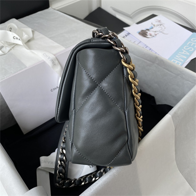 Ch*el 19 handbag lambskin gold double c metal dk grey as1160