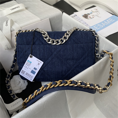 Ch*el 19 handbag dk denim silver double c metal as1160