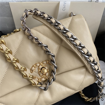 Ch*el 19 handbag lambskin gold double c metal beige as1160