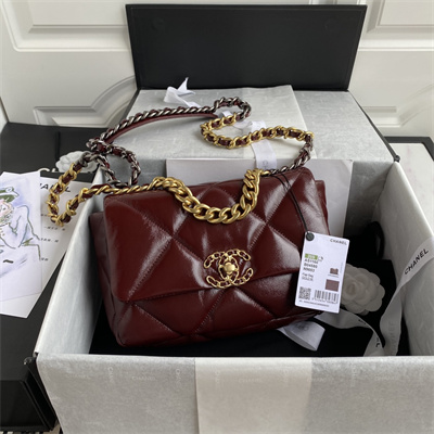 Ch*el 19 handbag shiny aged calfskin gold double c metal burgundy as1160