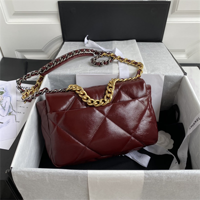 Ch*el 19 handbag shiny aged calfskin gold double c metal burgundy as1160