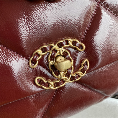 Ch*el 19 handbag shiny aged calfskin gold double c metal burgundy as1160