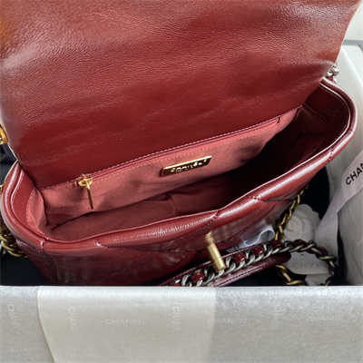 Ch*el 19 handbag shiny aged calfskin gold double c metal burgundy as1160