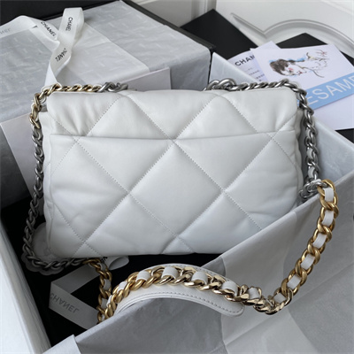 Cha.nel 19 Large Handbag Lambskin Silver Double C Metal White AS1161