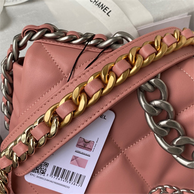 Cha.nel 19 Large Handbag Lambskin Silver Double C Metal Pink AS1161