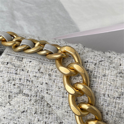 Cha.nel 19 Large Handbag Wool Tweed Gold Double C Metal  Lt Grey AS1161