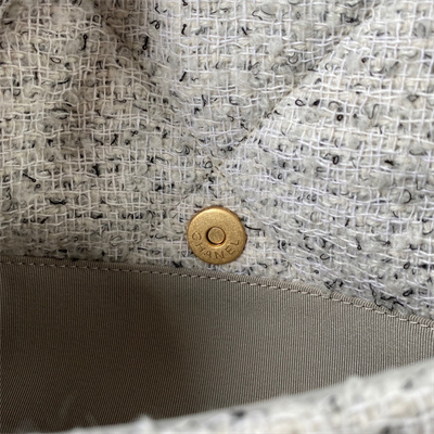 Cha.nel 19 Large Handbag Wool Tweed Gold Double C Metal  Lt Grey AS1161